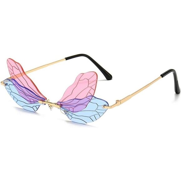 ?Women Blue Dragonfly Wing Shape Frameless Irregular Shades Party Sun Glasses main image 7